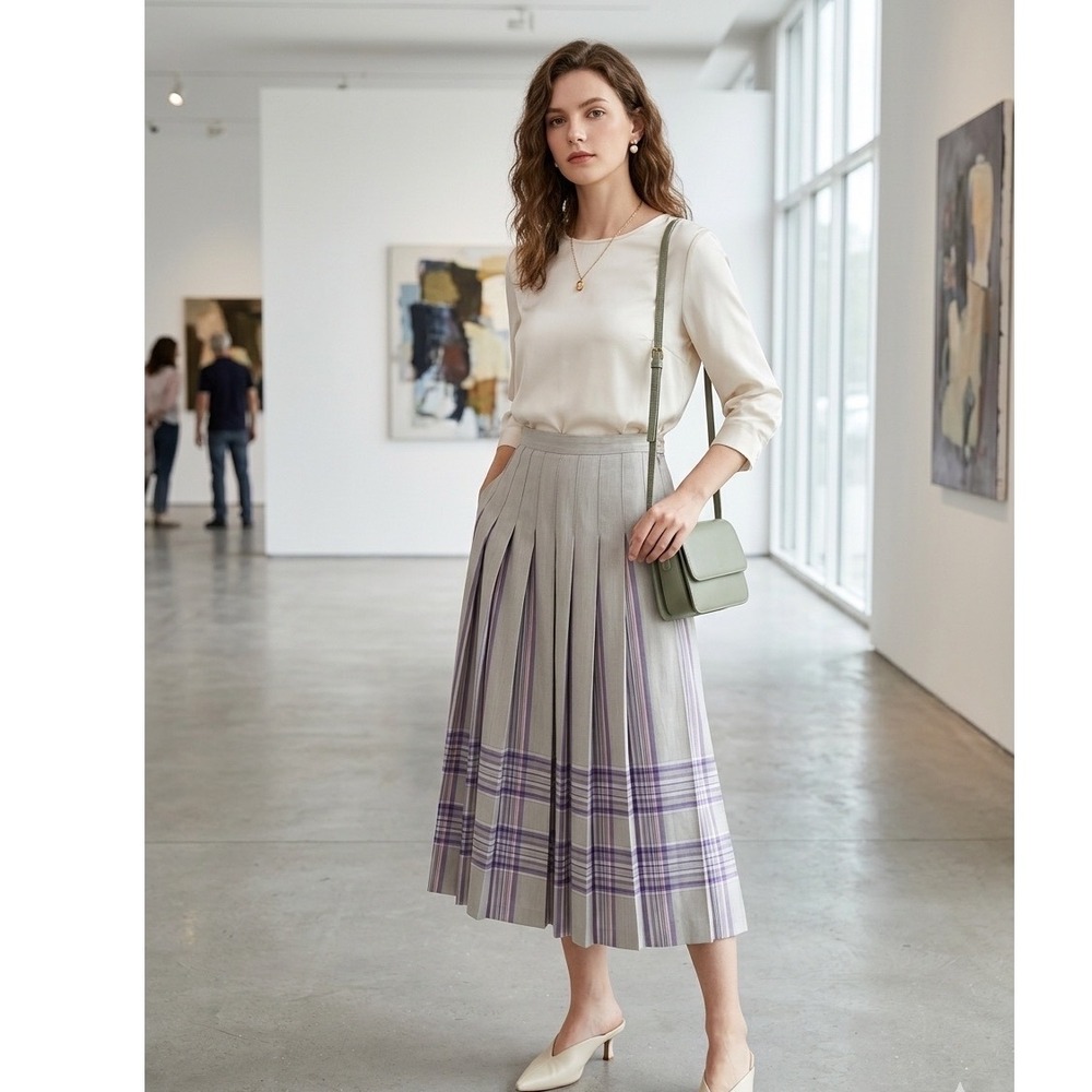 Pendleton Pleated Midi Skirt 12 Rayon Plaid Beige/Gray Purple Preppy Vintage
